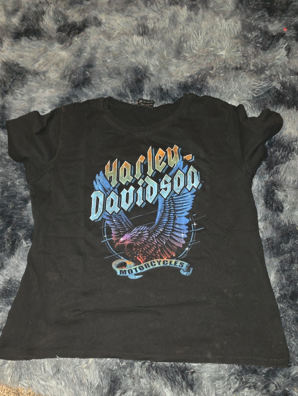 Harley-Davidson Black Tee with Blue & Orange Eagle Graphic